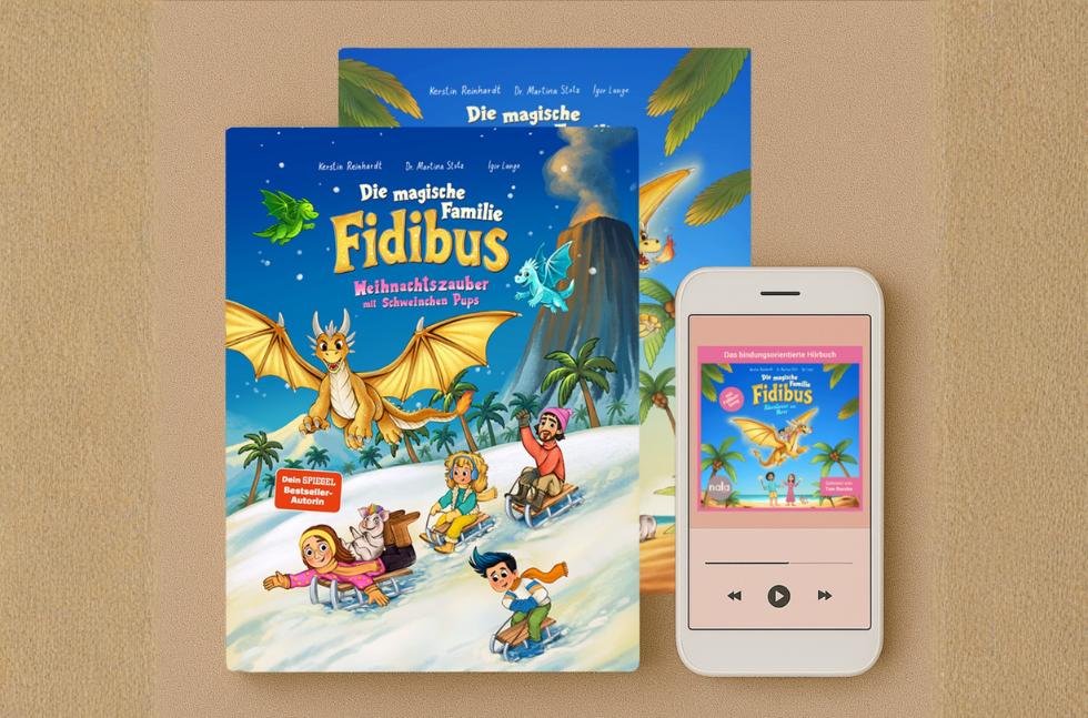 hoerbuch-kinder-printbuch-kombi-familie-fidibus-beduerfnisorientierter-erziehung Cover von Kinderbüchern "Die magische Familie Fidibus" und Hörbuch auf Hintergrund
