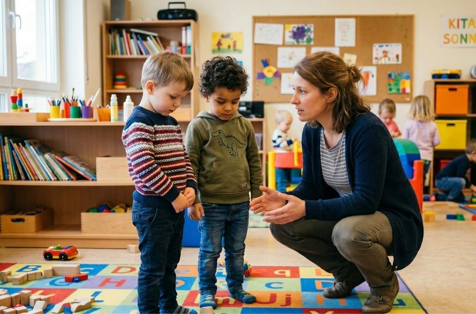 Kindergärtnerin schimpft mit zwei Jungen